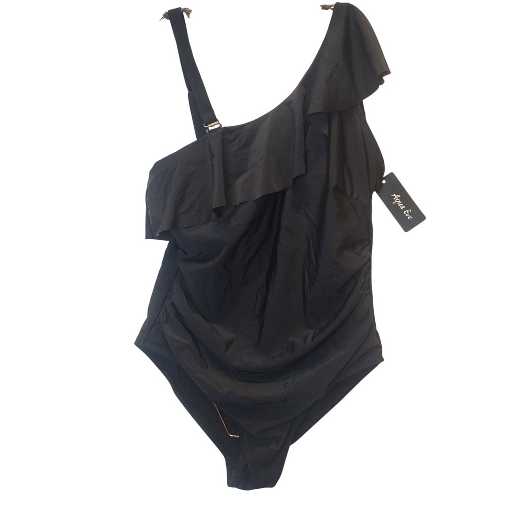 Aqua Eve One Piece Swimsuit Womens 16W Black‎ Ruffle Ruched One Shoulder 979 NWT